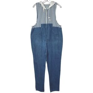 Nautical Denim Hooded Jumpsuit Overalls Women XL Handmade Blue Striped Coastal
